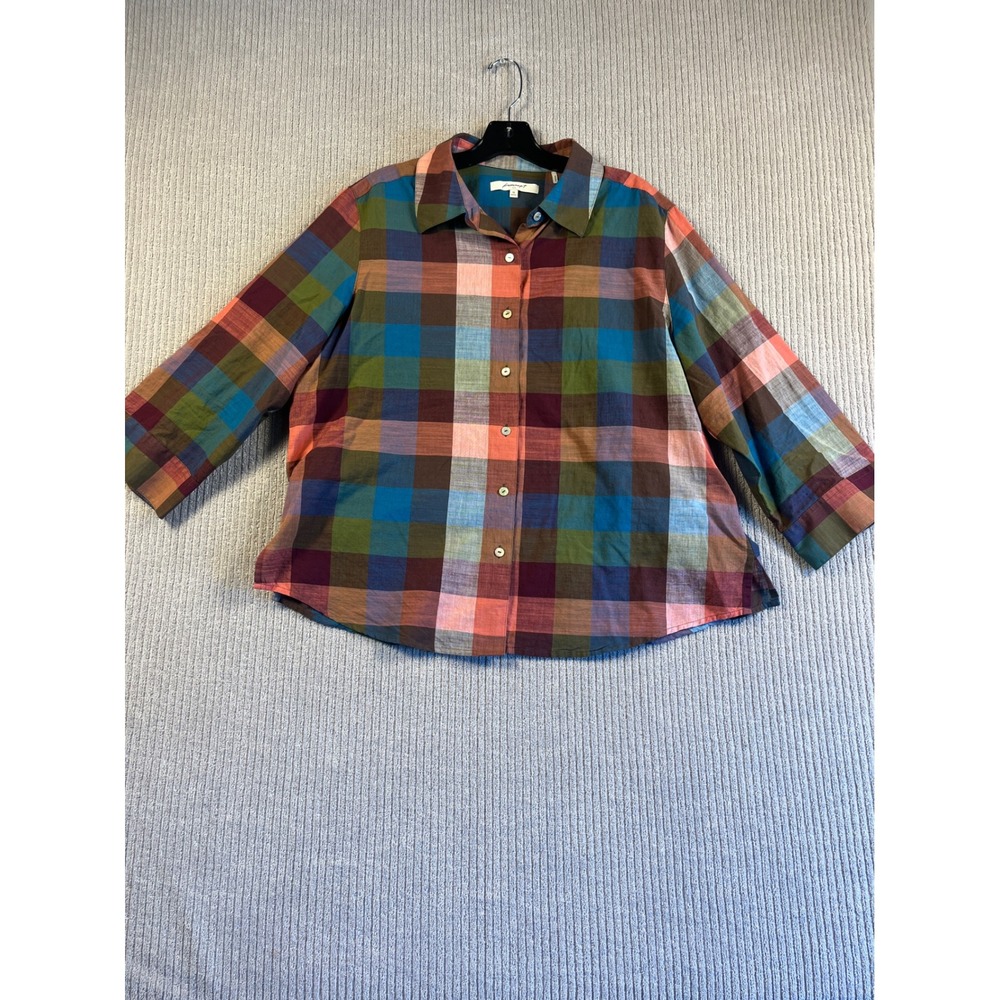 Foxcroft Dress Shirt Womens 18 Shaped Plaid Button Down 3/4 Sleeve Gauzy Cotton
